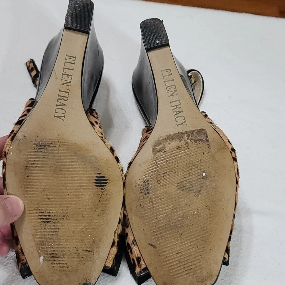 Ellen Tracy Womens Slingback Wedge Shoes Cheetah Print Cow Hair Blk Bow Sz 6 GUC